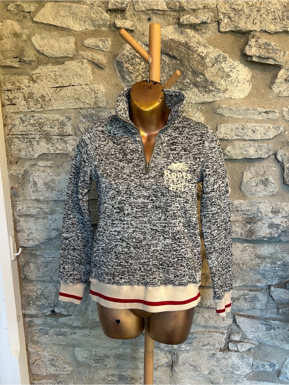 Roots Grey Marled Half-Zip Sweater with Cream & Red Trim